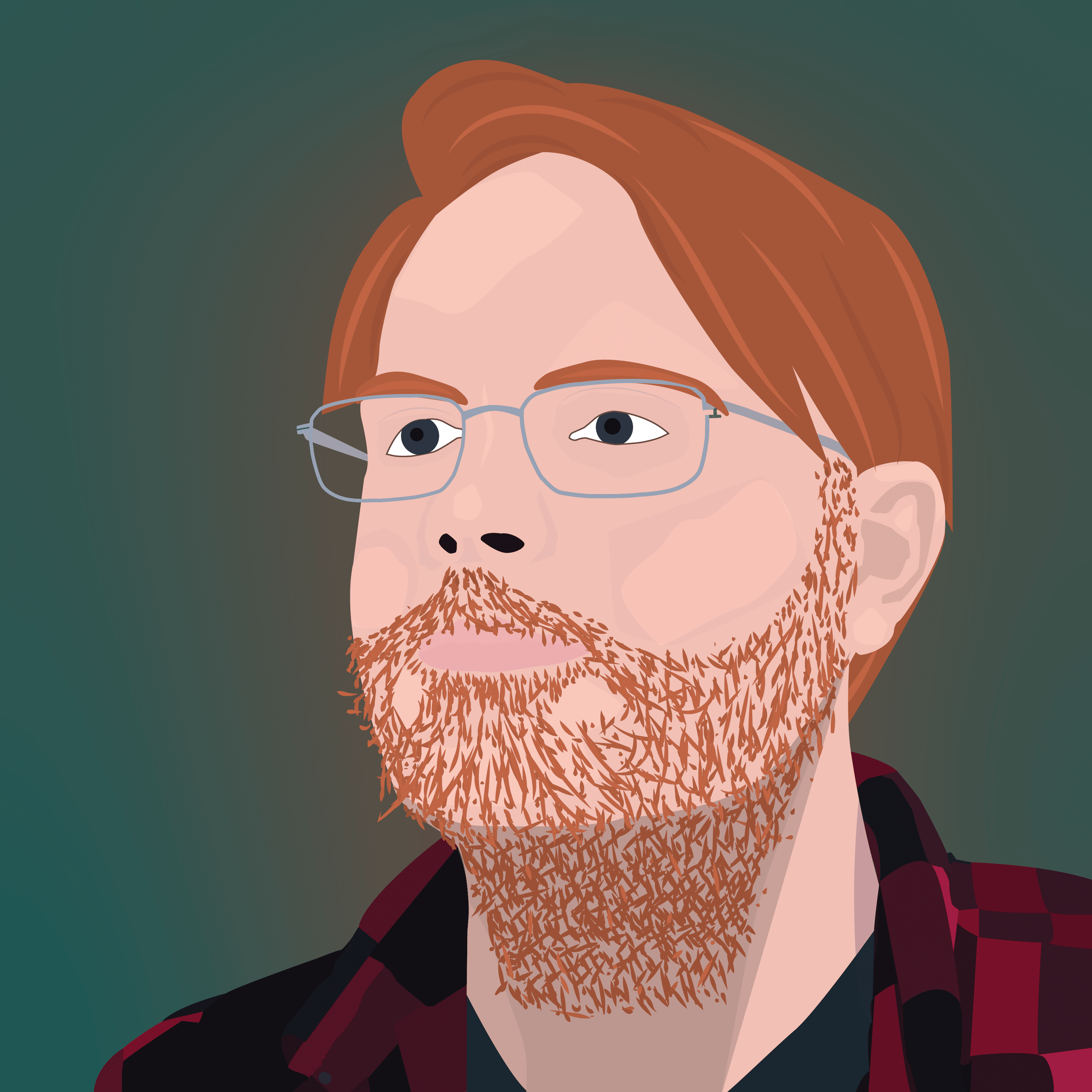 Vector self-portrait illustration of Lawson Hamilton – stylized digital portrait with auburn hair, beard, glasses, and flannel shirt against teal background