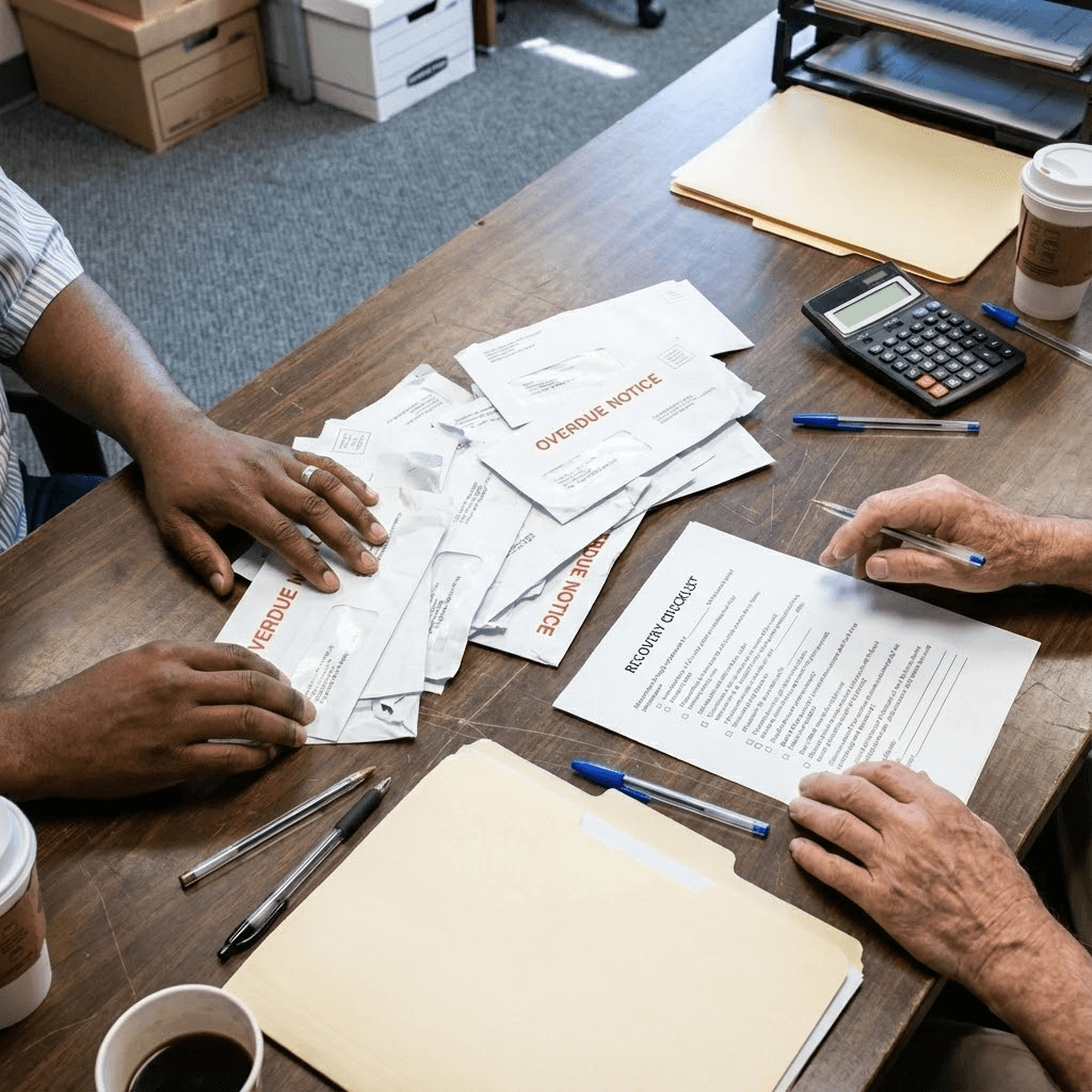 A professional woman with short dark hair wearing a beige blouse stands in a busy office.