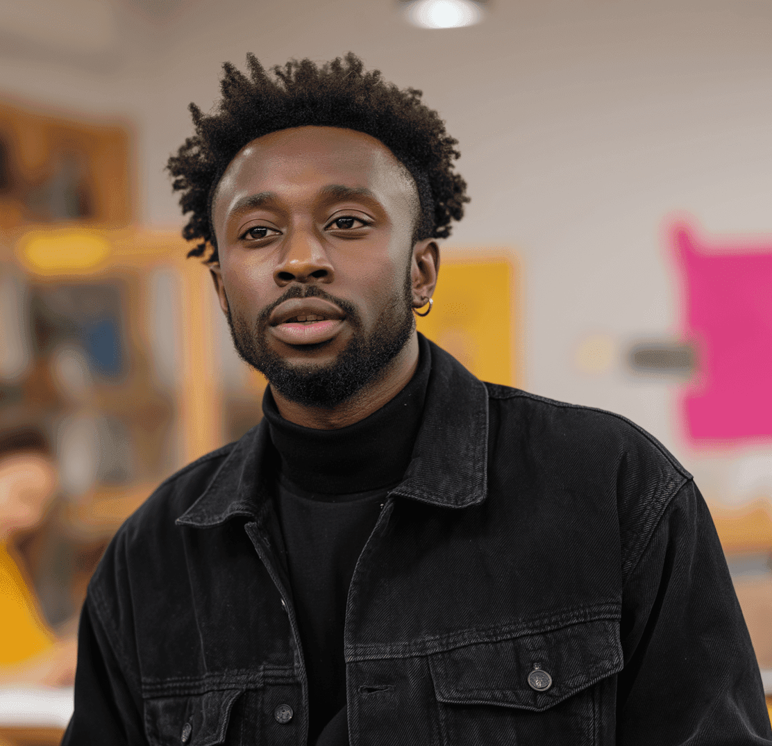 A man with a beard wearing a black shirt is working at a desk in a modern office setting.