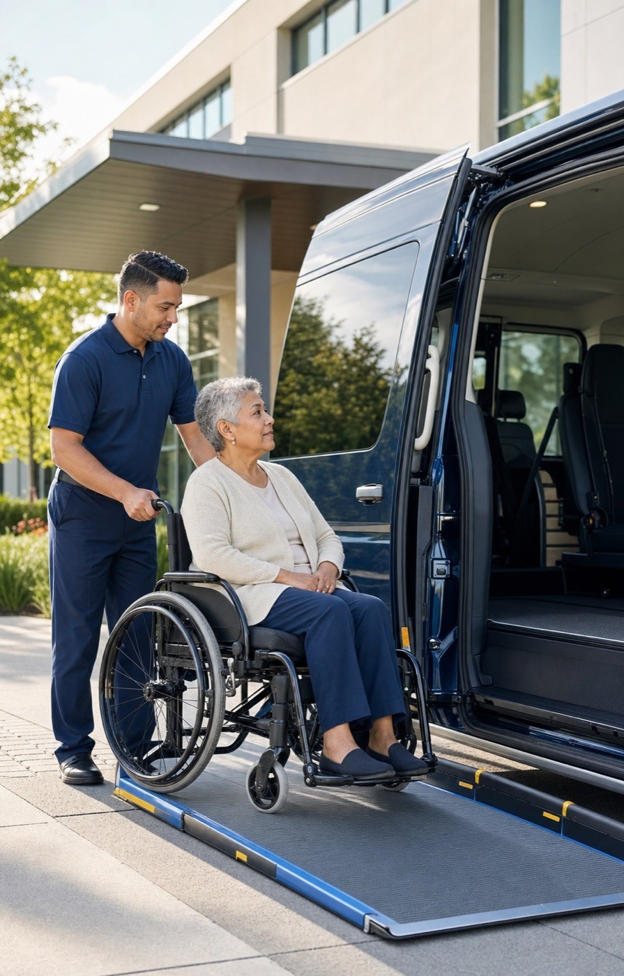 Wheelchair passenger next to an accessible vehicle