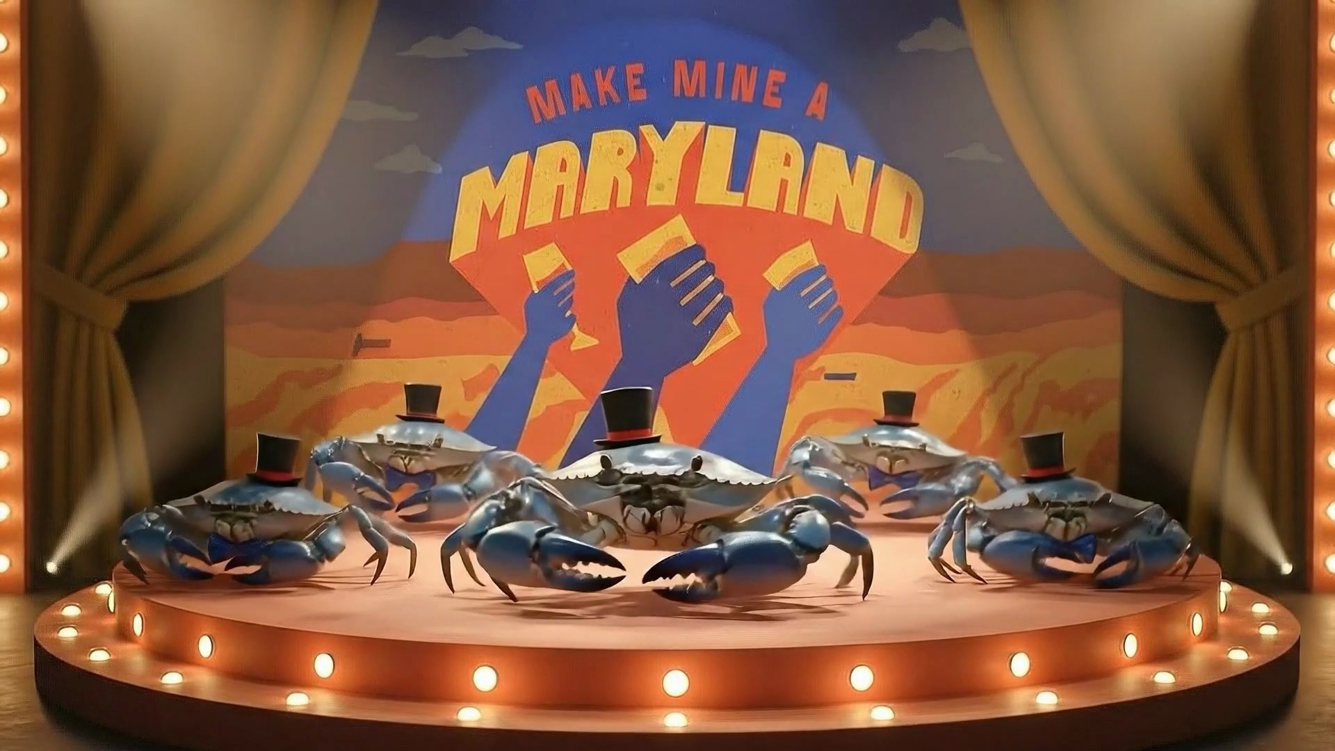 A blue crab standing on a wooden floor raises a black top hat with one claw. A colorful MARYLAND sign is in the background.