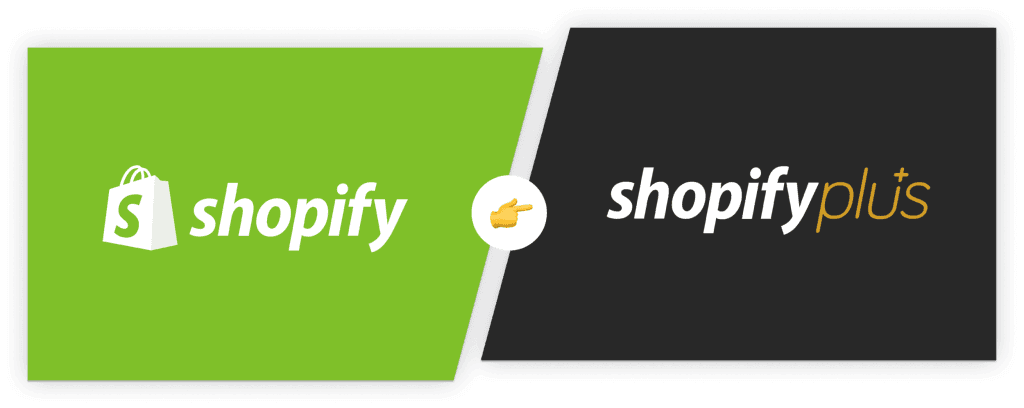 Shopify-Logo auf Grün mit Verweis auf das Shopify-Plus-Logo auf Schwarz als Bild für das Upgrade
