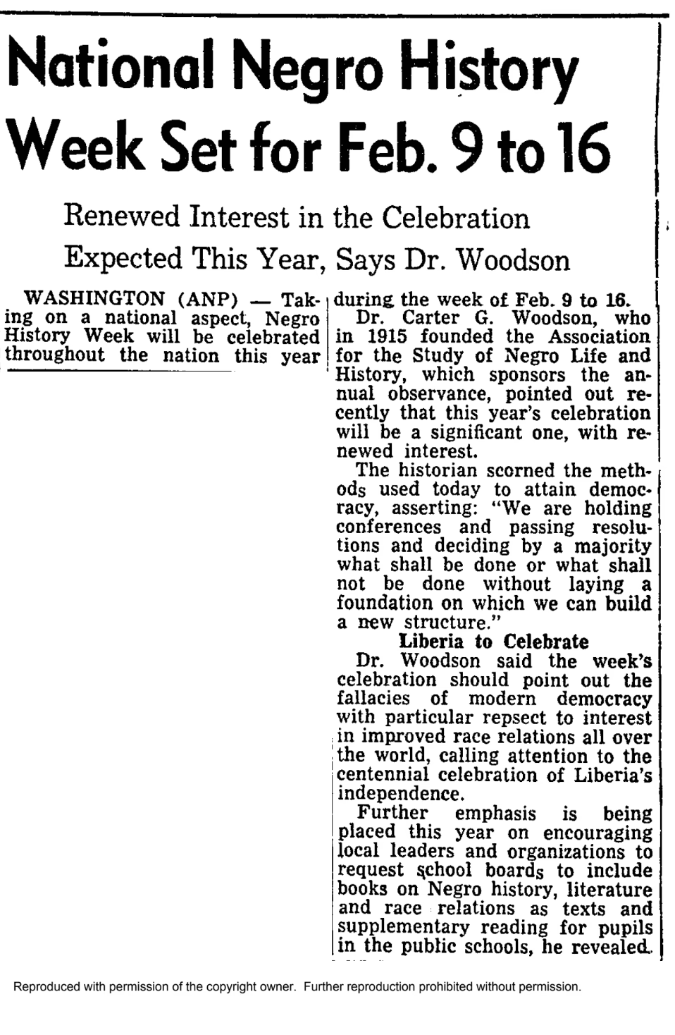 Newspaper headline: National Negro History Week set for Feb. 9 to 16. Article discusses renewed interest in the celebration.