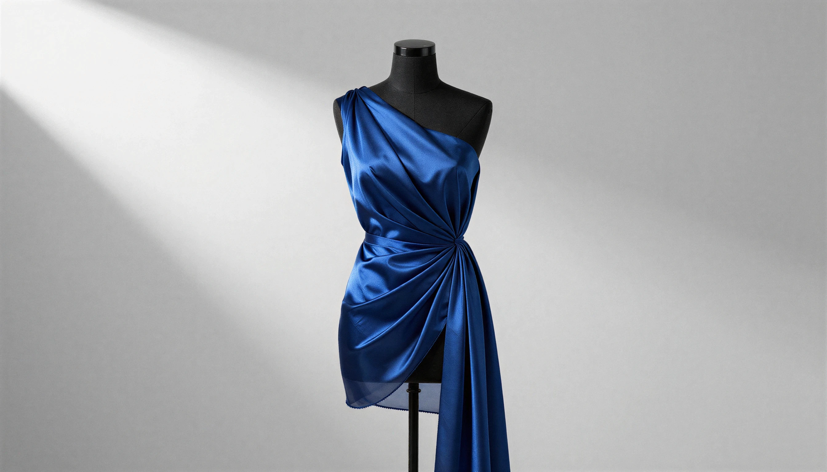 Blue silk draped on a black mannequin.