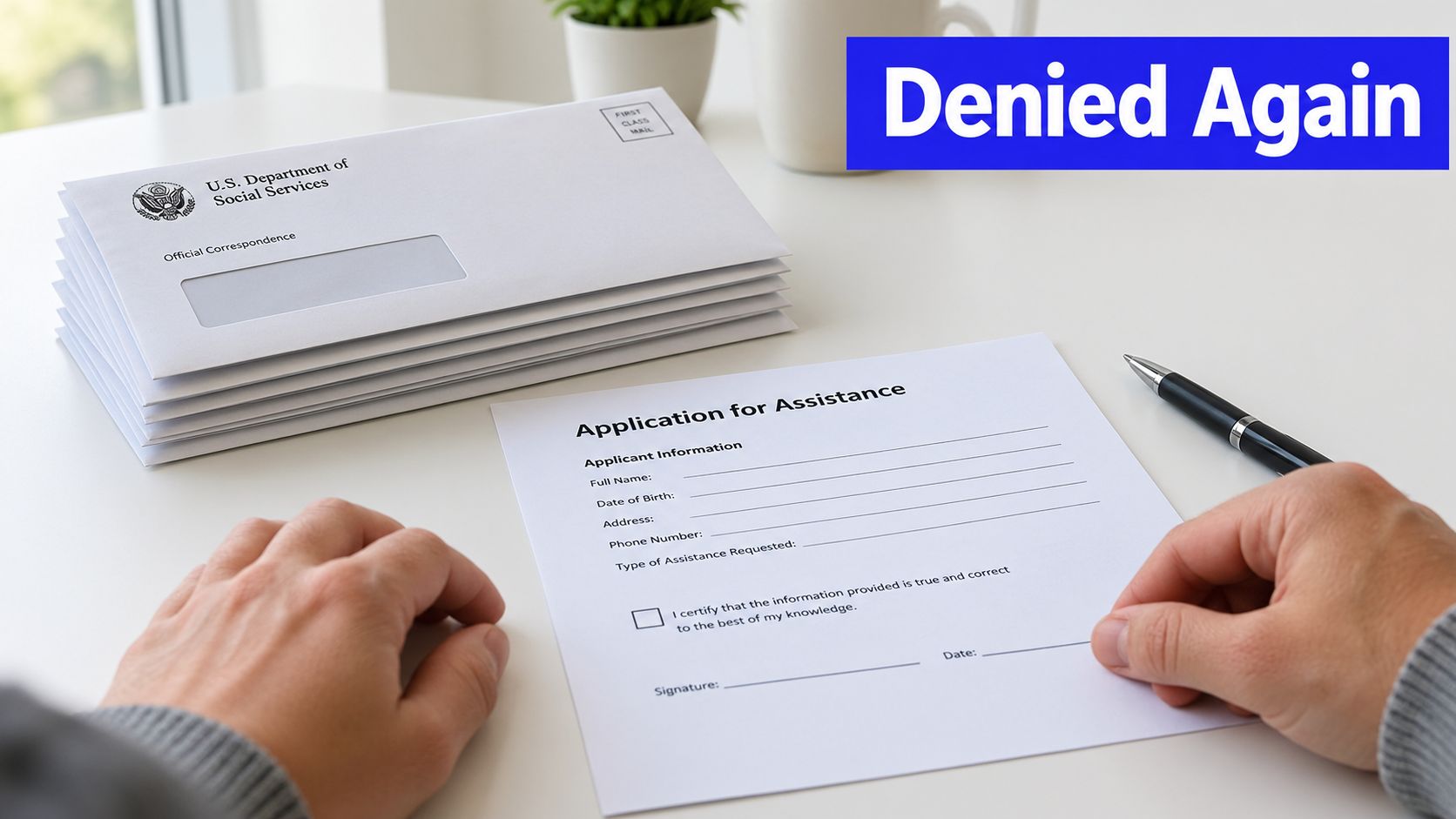 A person sitting at a desk with an application for assistance form and government mail envelopes.