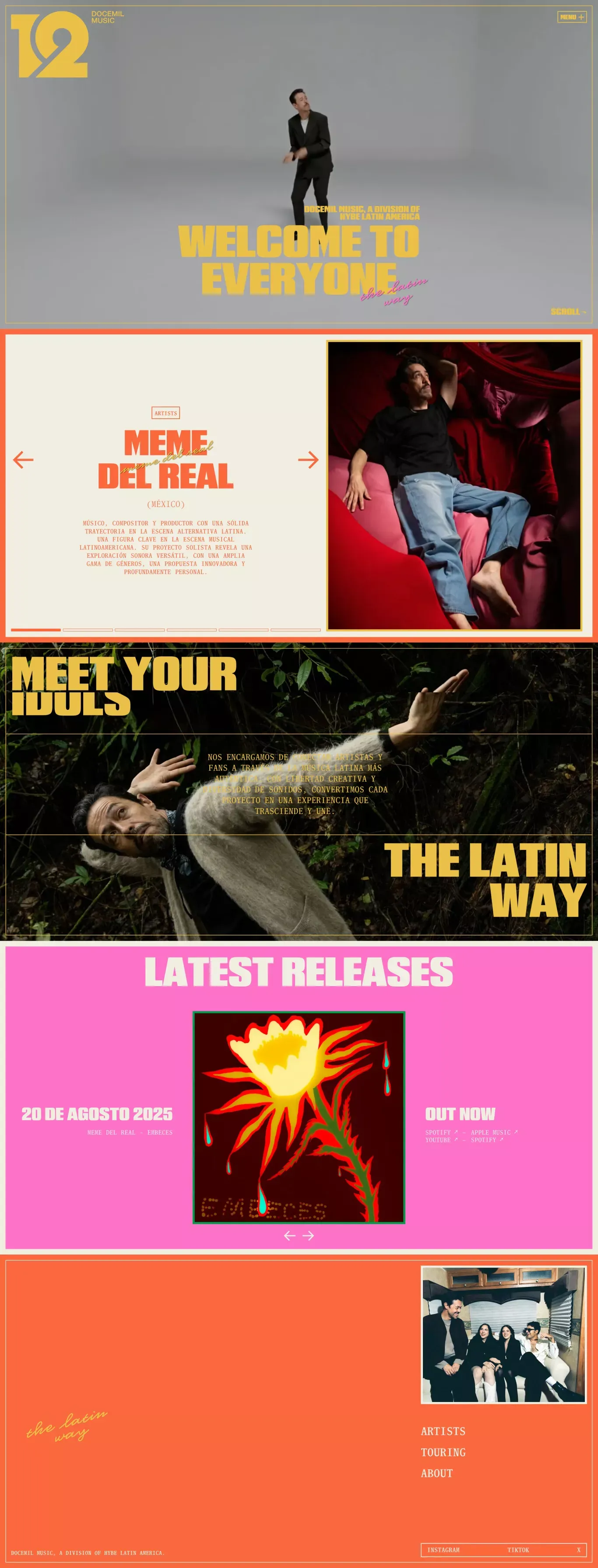 Docemil Music, A division of HYBE Latin landing page screenshot showcasing Music design