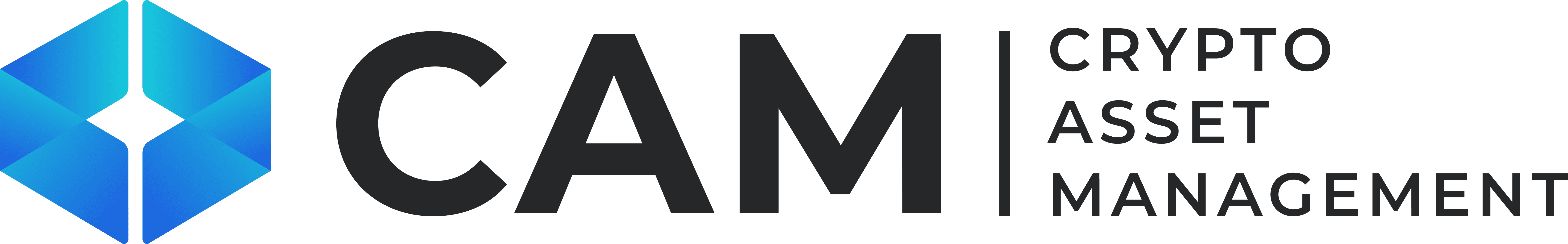 Logo von CAM – Crypto Asset Management in Blau und Weiss mit geometrischem Symbol links und moderner Schrift rechts.