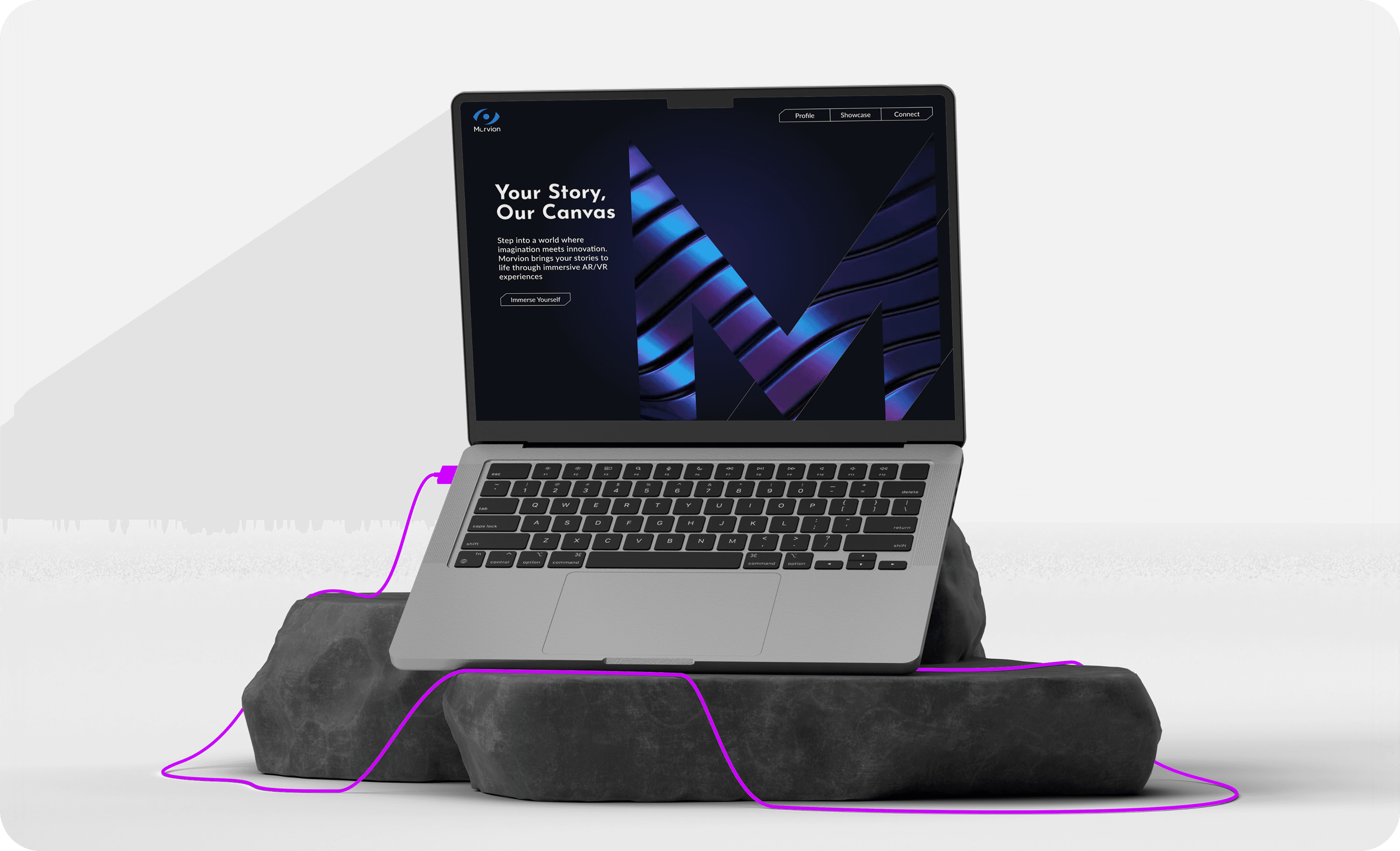 Morvion.com website on a laptop, an immersive AR VR storytelling platform for brands and creators.