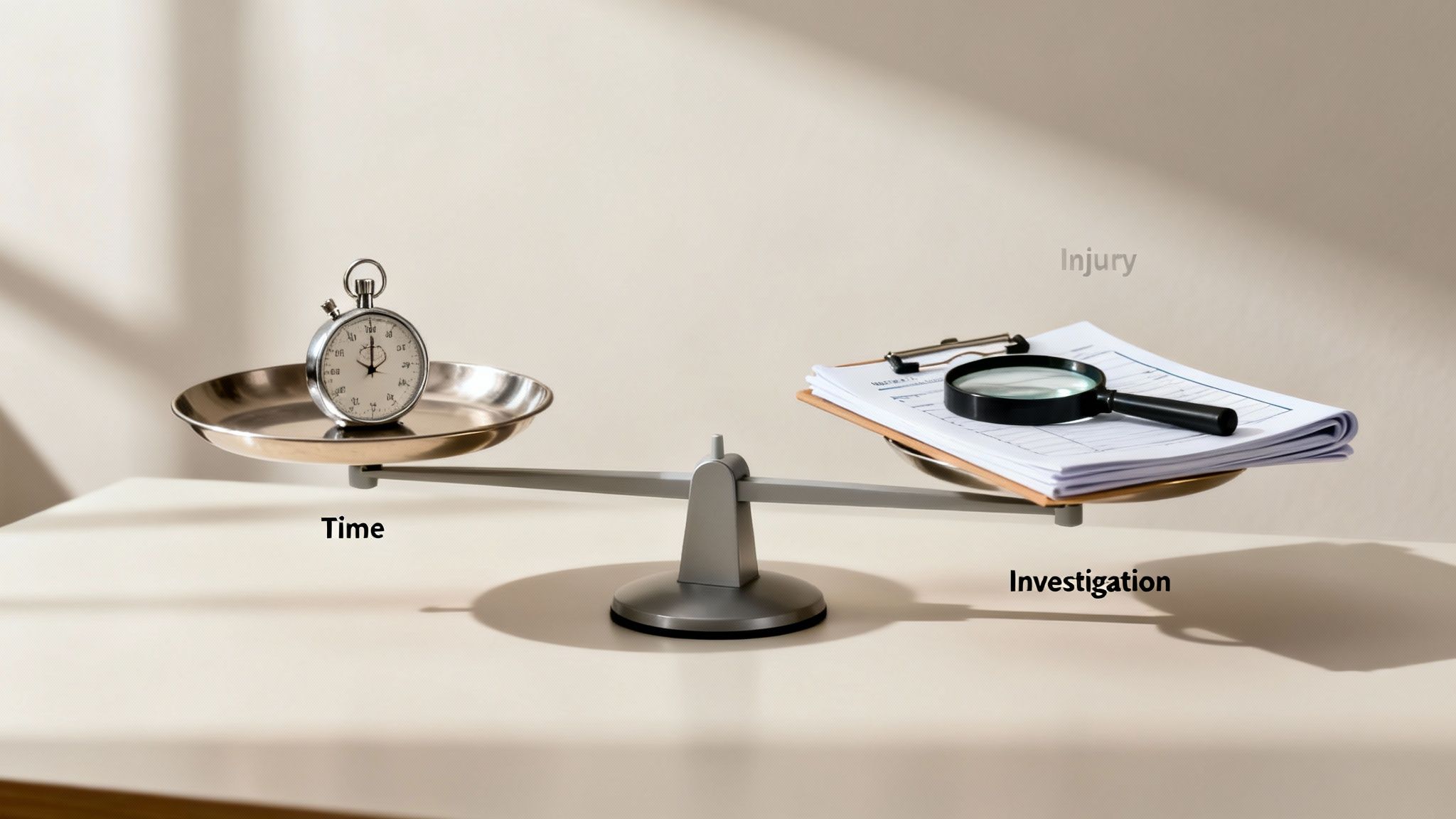 A balance scale balancing time (stopwatch) on one side and personal injury investigation (documents, magnifying glass) on the other.