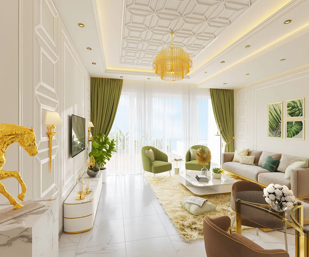 A beautiful living room at Vincitore Aqua Flora, featuring an open layout and a view of the balcony.