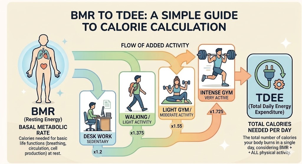 A detailed infographic in a flat vector style illustrating the flow from Basal Metabolic Rate (BMR) to Total Daily Energy Expenditure (TDEE). The chart shows a human body icon representing BMR (resting energy), followed by a sequence of icons for different physical activity levels and their corresponding multipliers: a person sitting for Desk Work (sedentary), a person walking (light activity), a person lifting light dumbbells for Light Gym (moderate activity), and a person lifting heavy weights for Intense Gym (very active). Orange and green pastel arrows connect these to a final TDEE box, which is defined as the total calories needed per day for professional health and fitness planning.