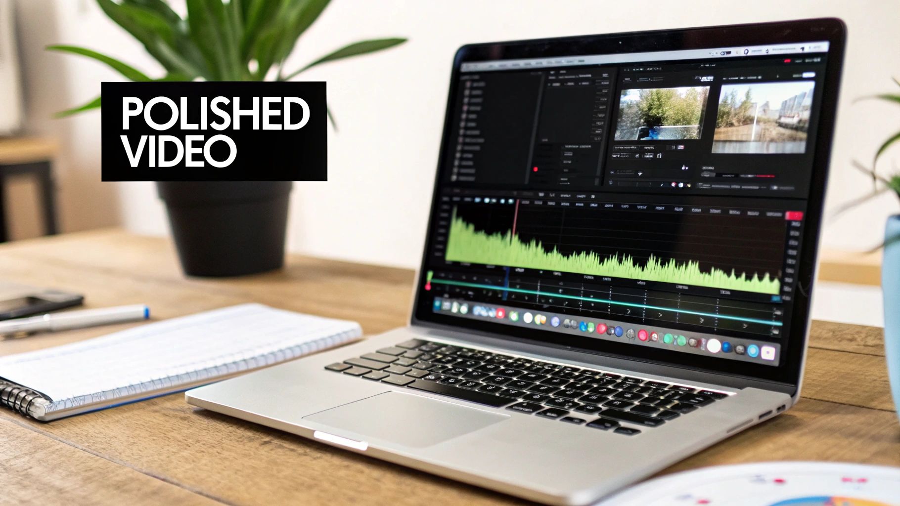 A person editing a video on a MacBook Pro, showing a timeline with clips and effects.