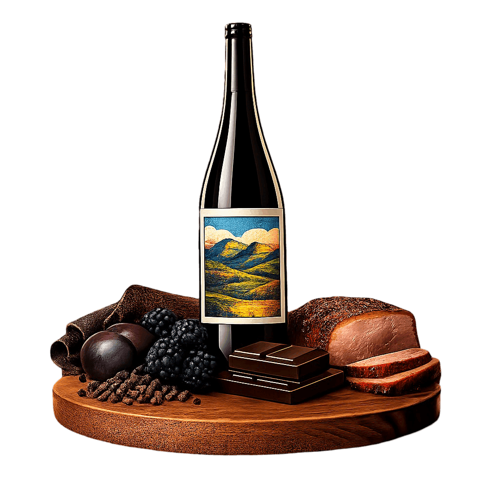 Artistic label and flavor profile for Nandi Hills Syrah on a rustic wooden table.