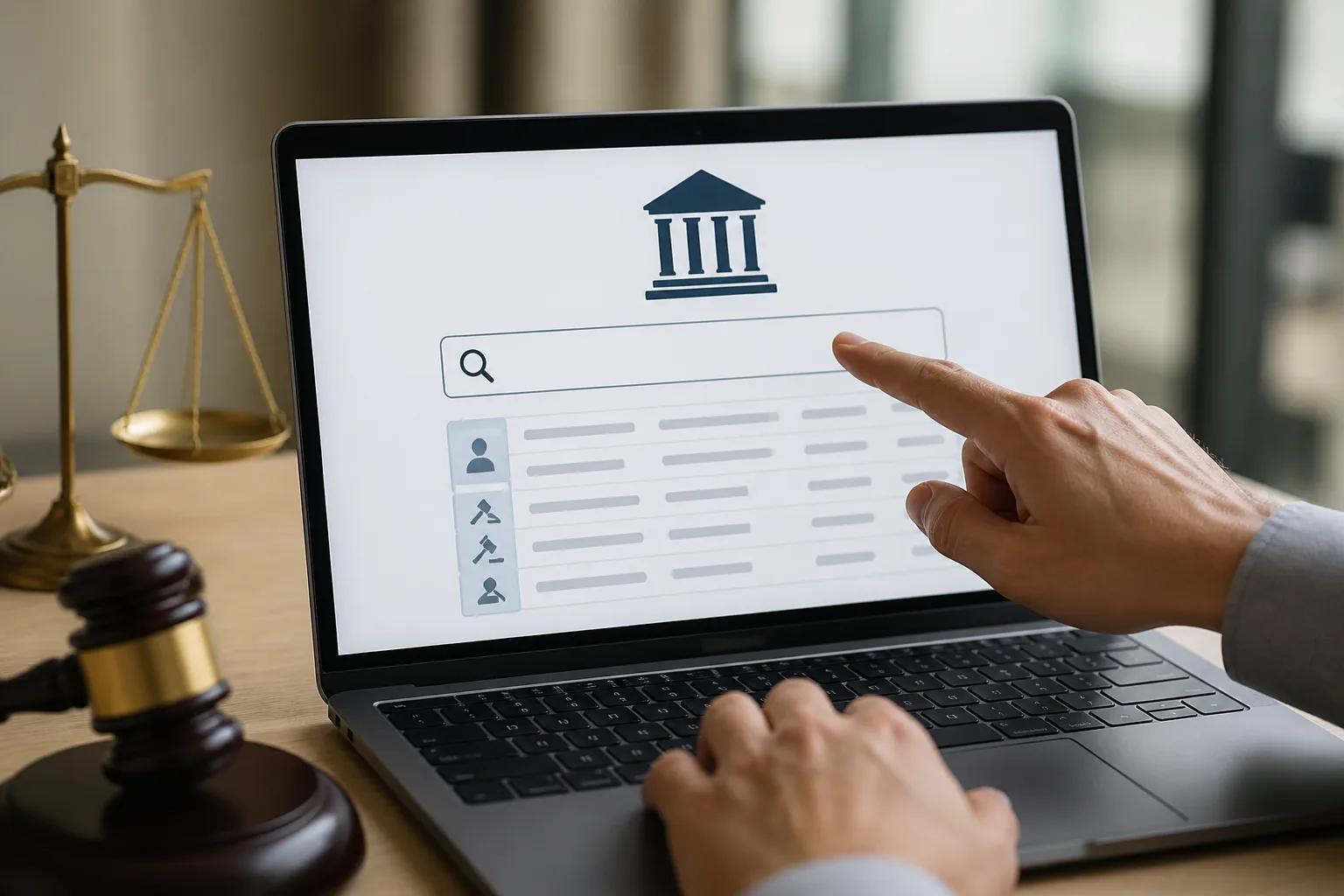 Courthouse icon beside an online case search screen for Dubai court records