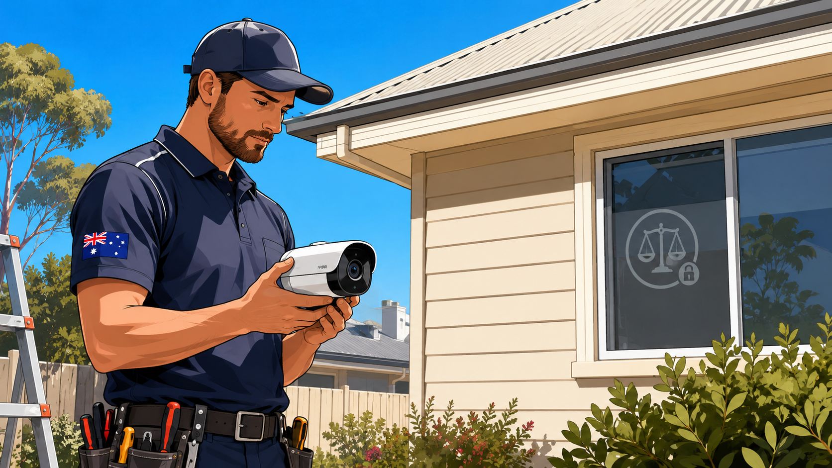 A professional technician wearing a cap with an Australian flag inspects a security camera outside a residential house.