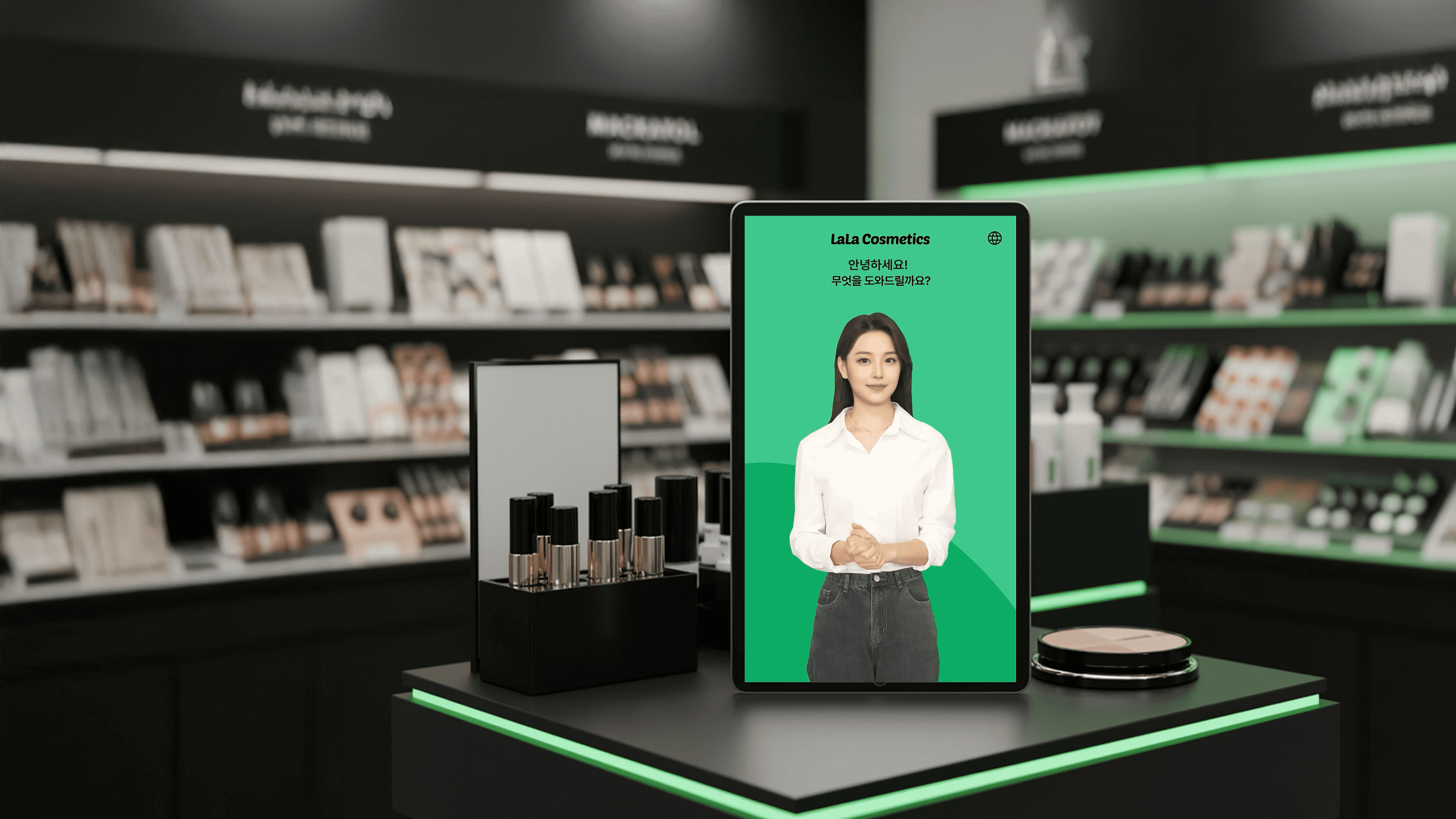 A woman in a white suit stands confidently against a bright red background, smiling with one hand on her hip.