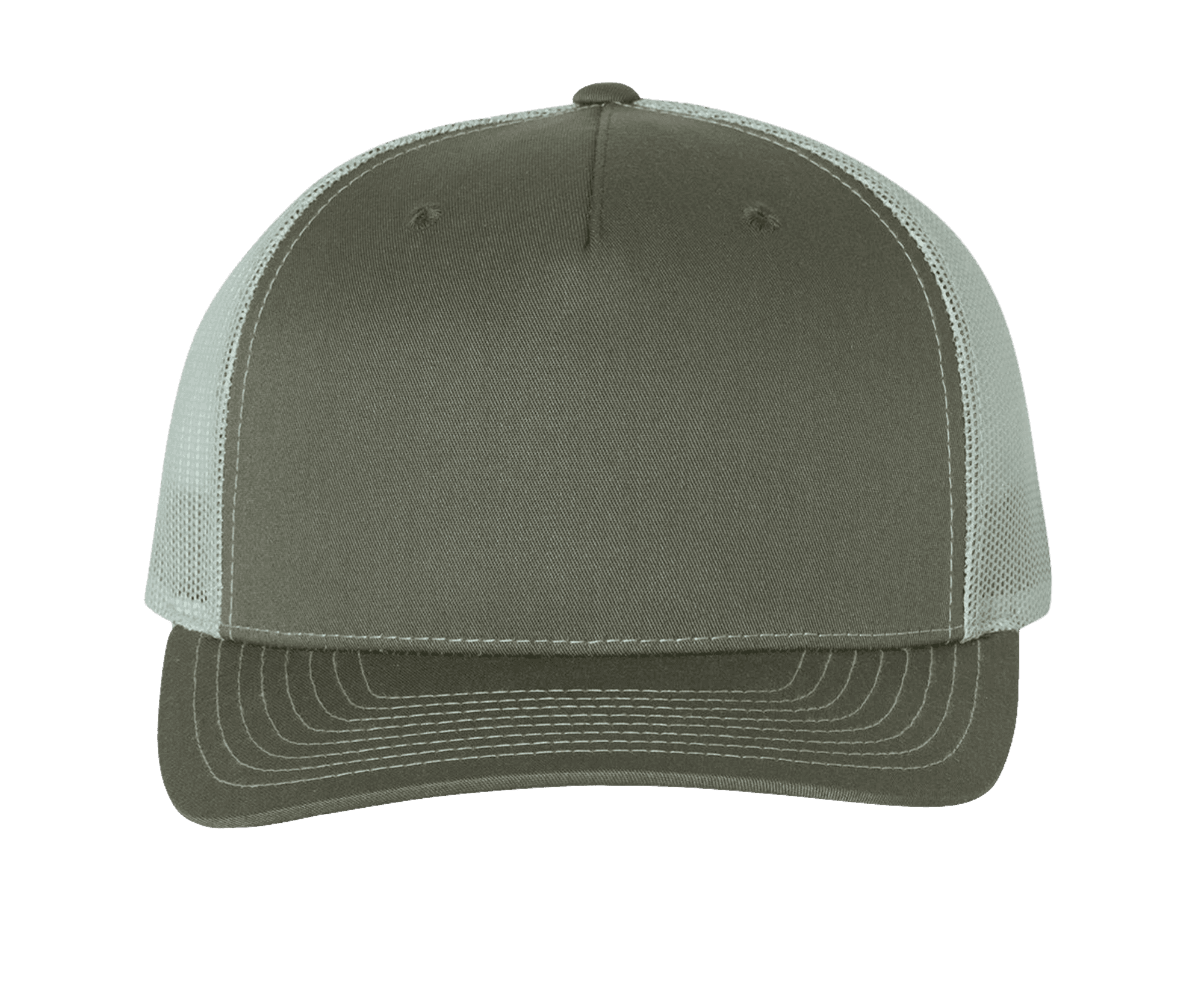 A stylish Printed Five-Panel Trucker Cap, dark green and white mesh baseball cap with a curved brim and a classic snapback design.