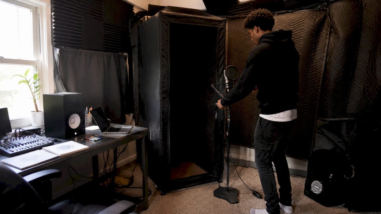 Small home recording room with microphone setup