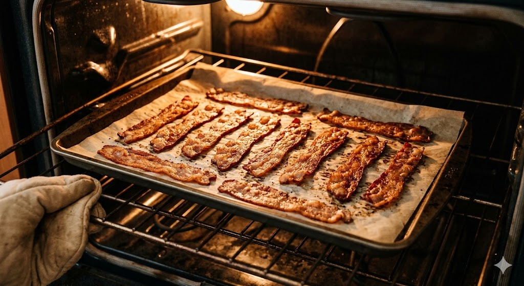 A close-up view of turkey bacon strips neatly arranged on parchment paper over a baking sheet, baking to a non-greasy crisp on an oven rack with a warm glow from the oven light.