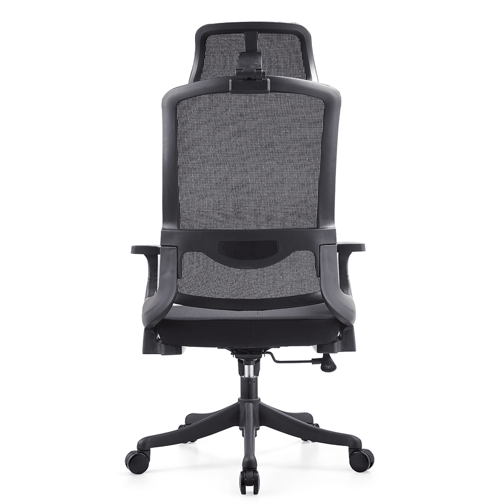 Back view of the black 6968B ergonomic office staff chair by Tchod Furniture, featuring a high mesh backrest, integrated headrest, and sturdy five-star wheel base.