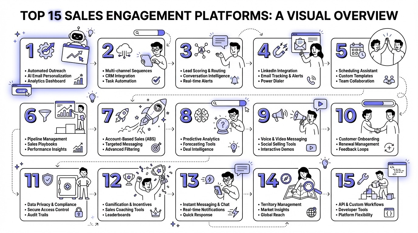 Infographic showing the top 15 Sales Engagement Platforms, ranked with key features for each, in a modern tech style.