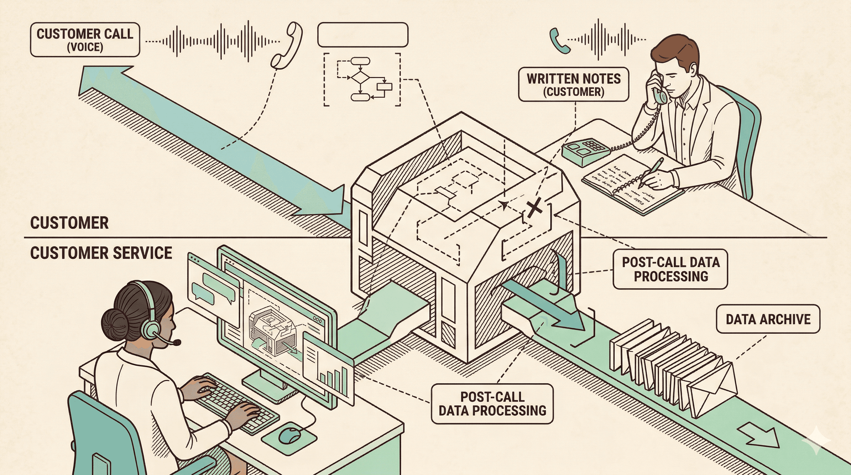 Isometric illustration of AI-powered call and conversation intelligence showing a customer service agent on a call, voice waveform analysis, post-call data processing, written notes capture, and data archiving workflow