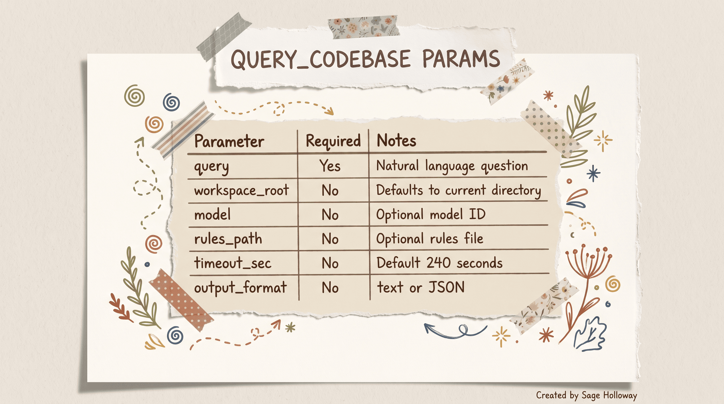 Table listing query_codebase MCP tool parameters, required flags, and defaults