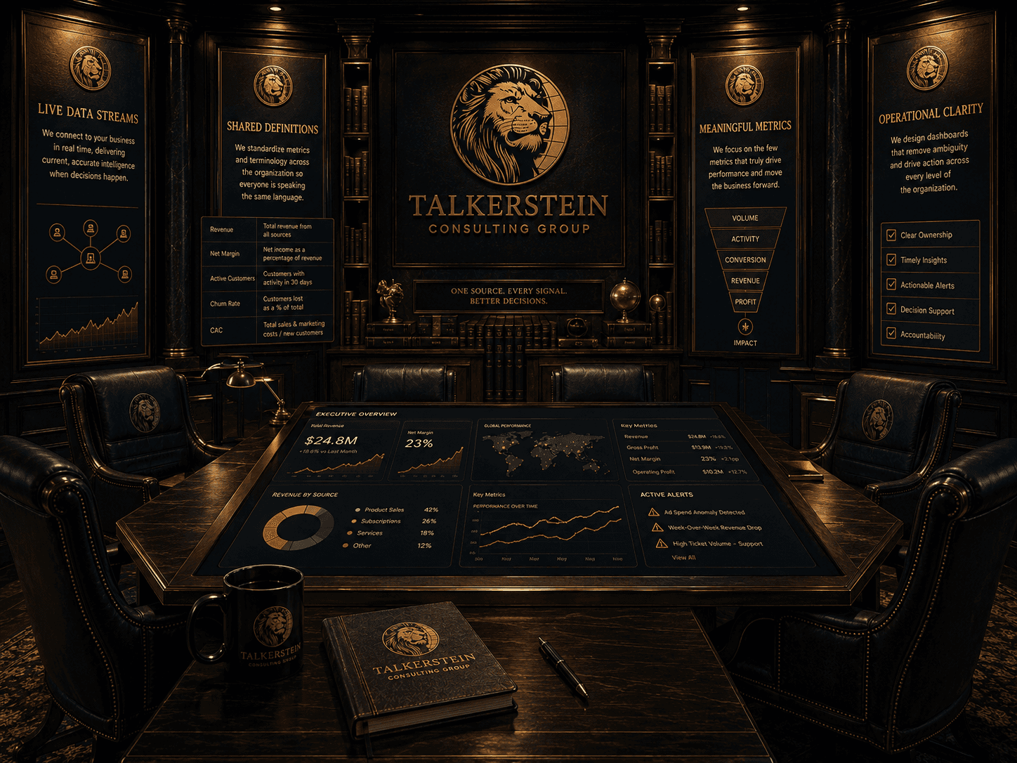 A luxury corporate boardroom featuring a large interactive digital table displaying an Executive Overview dashboard by Talkerstein Consulting Group. The walls feature wood-paneled digital plaques detailing 'Live Data Streams,' 'Shared Definitions,' 'Meaningful Metrics' via a conversion funnel, and 'Operational Clarity' checkmarks.