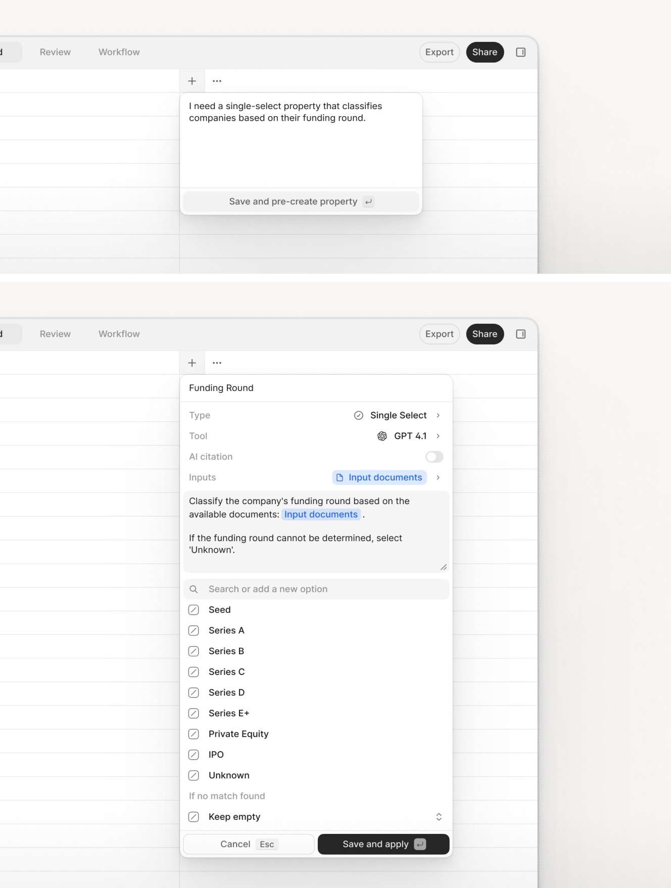 Screenshot of an AI configuration panel for creating a single-select property that classifies companies by funding round. The interface includes GPT 4.1 as the tool, a list of funding round options (Seed, Series A-E+, Private Equity, IPO, Unknown), and instructions to classify based on input documents.
