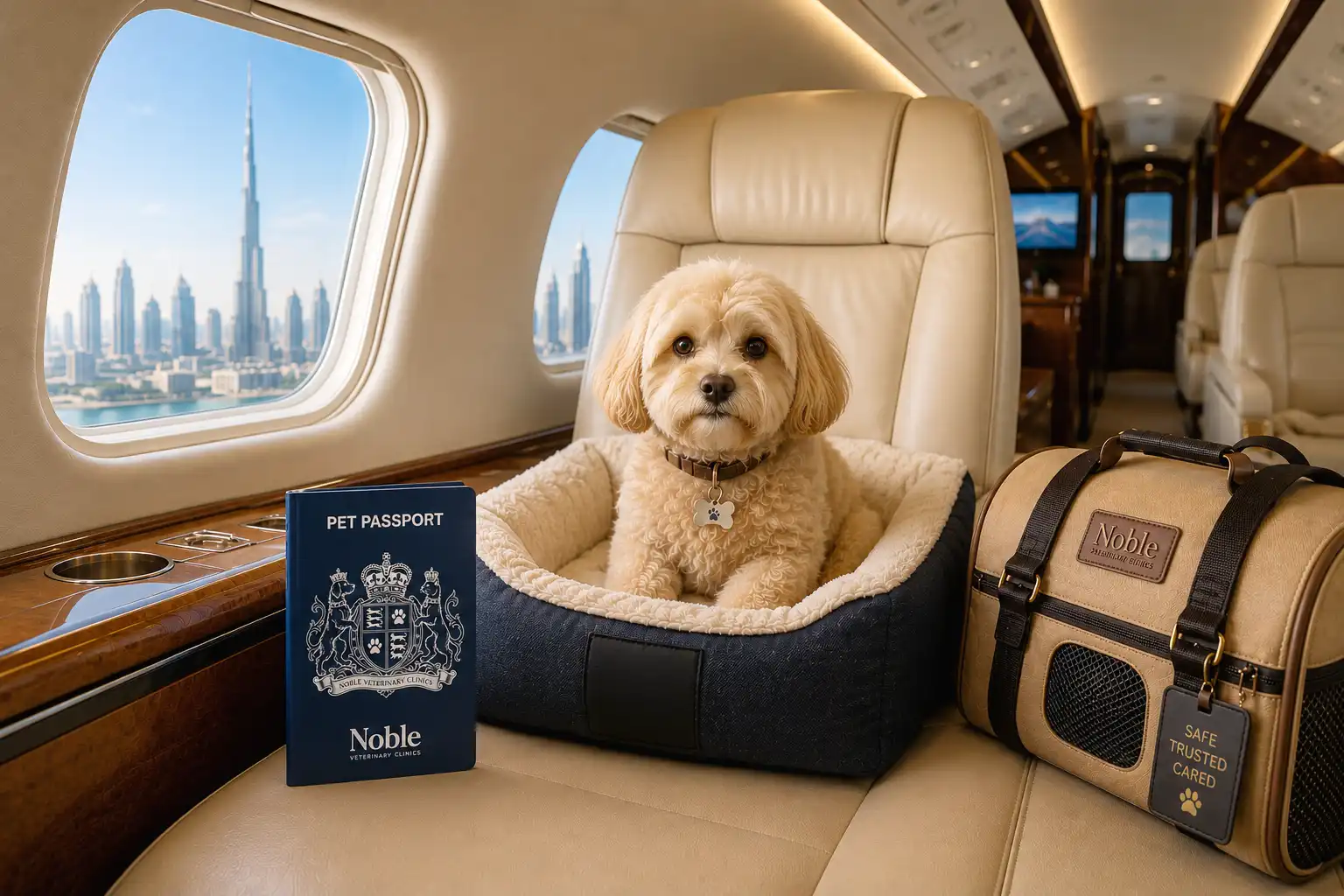 A small dog in a travel bed aboard a private jet, beside a Noble pet passport and carrier bag, with Dubai's skyline visible outside.