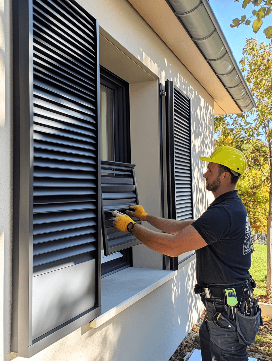 Ouvrier installant des volets roulants modernes sur une maison