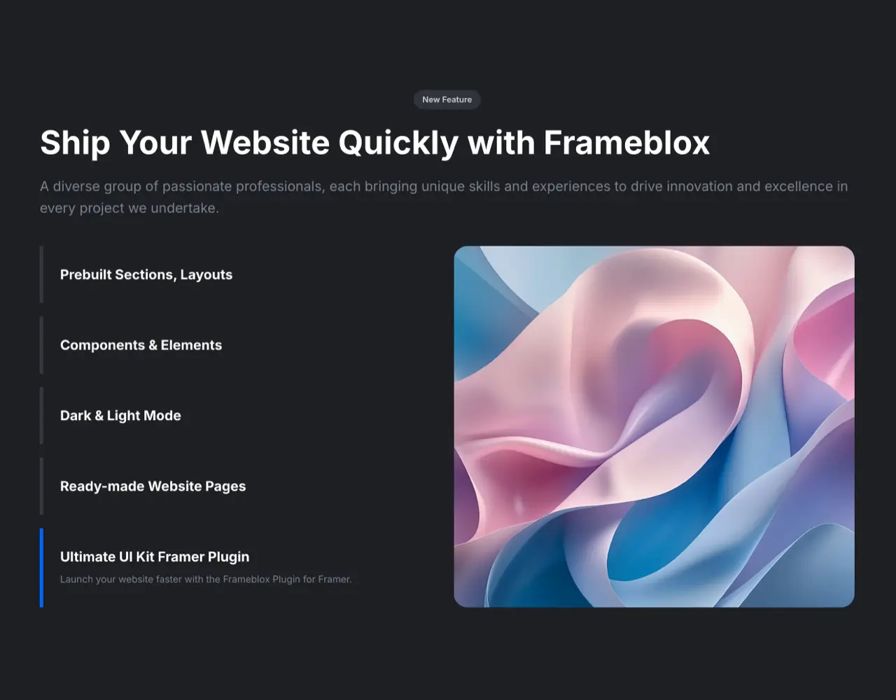 Framer Dark Features Section - Frameblox UI