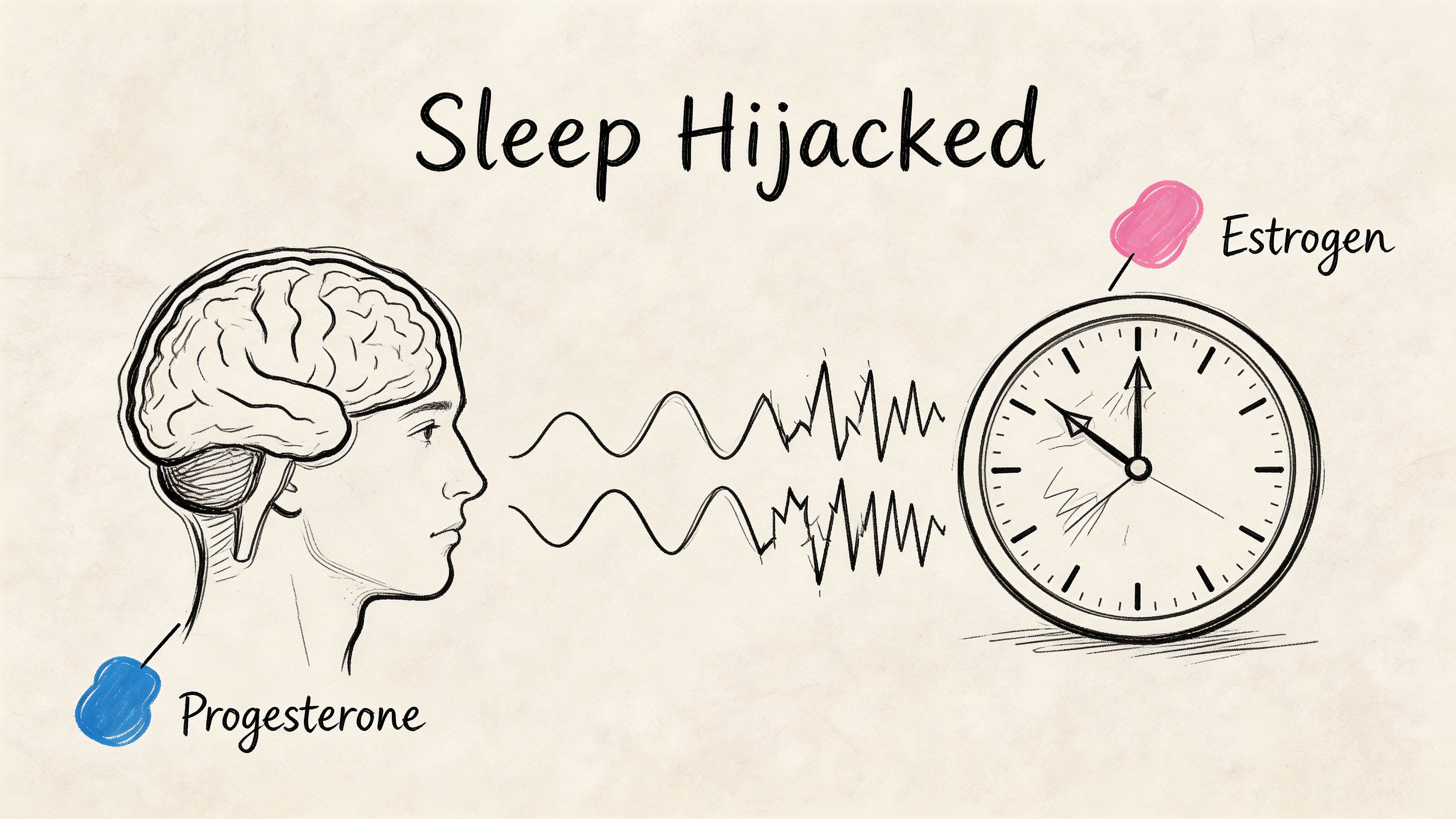 A conceptual illustration showing a profile view of a brain connecting to a clock, labeled Estrogen and Progesterone.