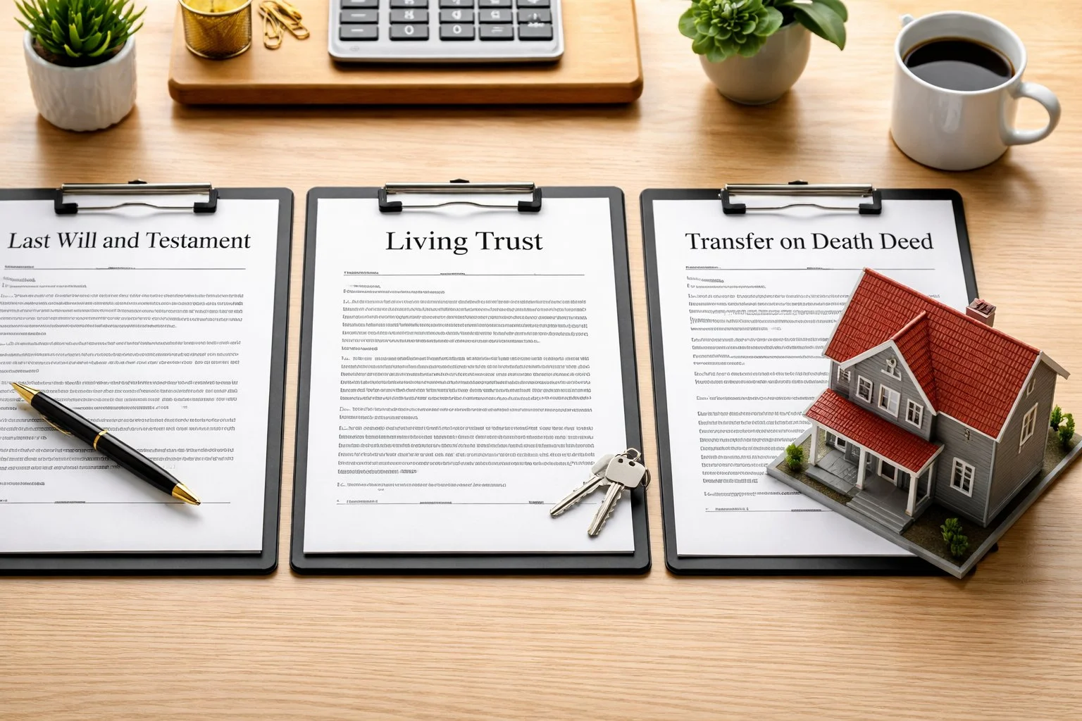 Clean desk with estate planning documents including a will, trust papers, and transfer-on-death deed beside a miniature house.