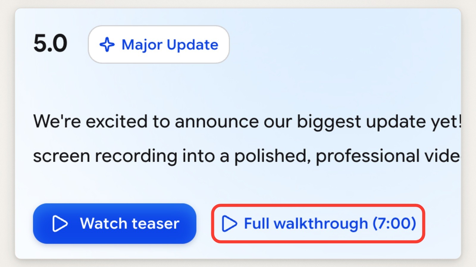 CleanShot's 5.0 entry with a Major Update badge, a blue Watch teaser button and a Full walkthrough (7:00) link; a red box marks the walkthrough link