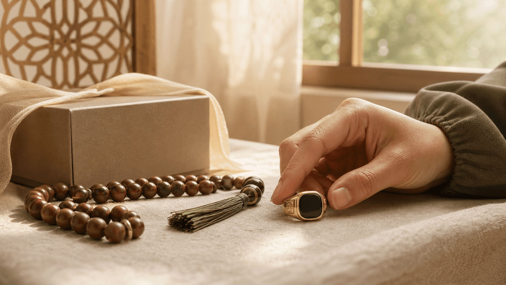 Smart dhikr ring and tasbeeh prayer beads on linen in warm morning light, a lasting Umrah Mubarak gift