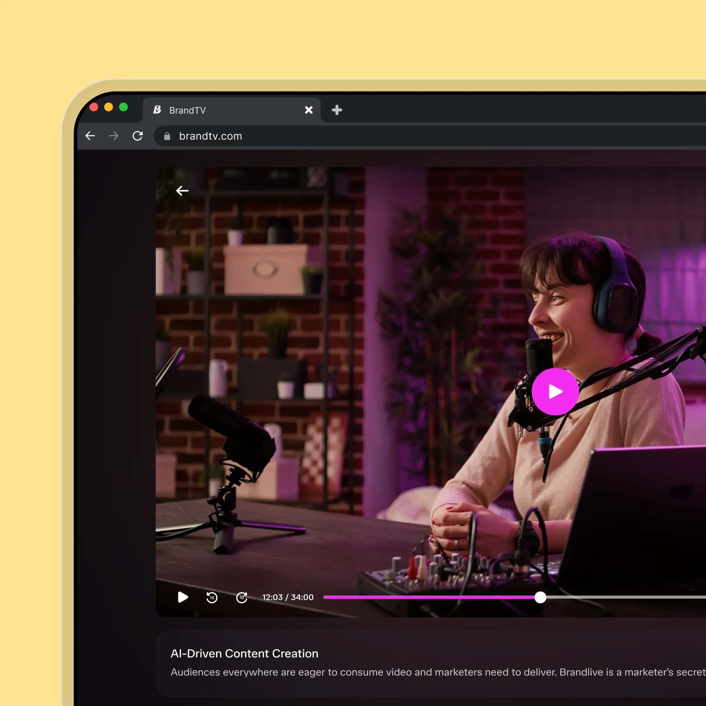 BrandTV platform open in a browser showing a video podcast episode