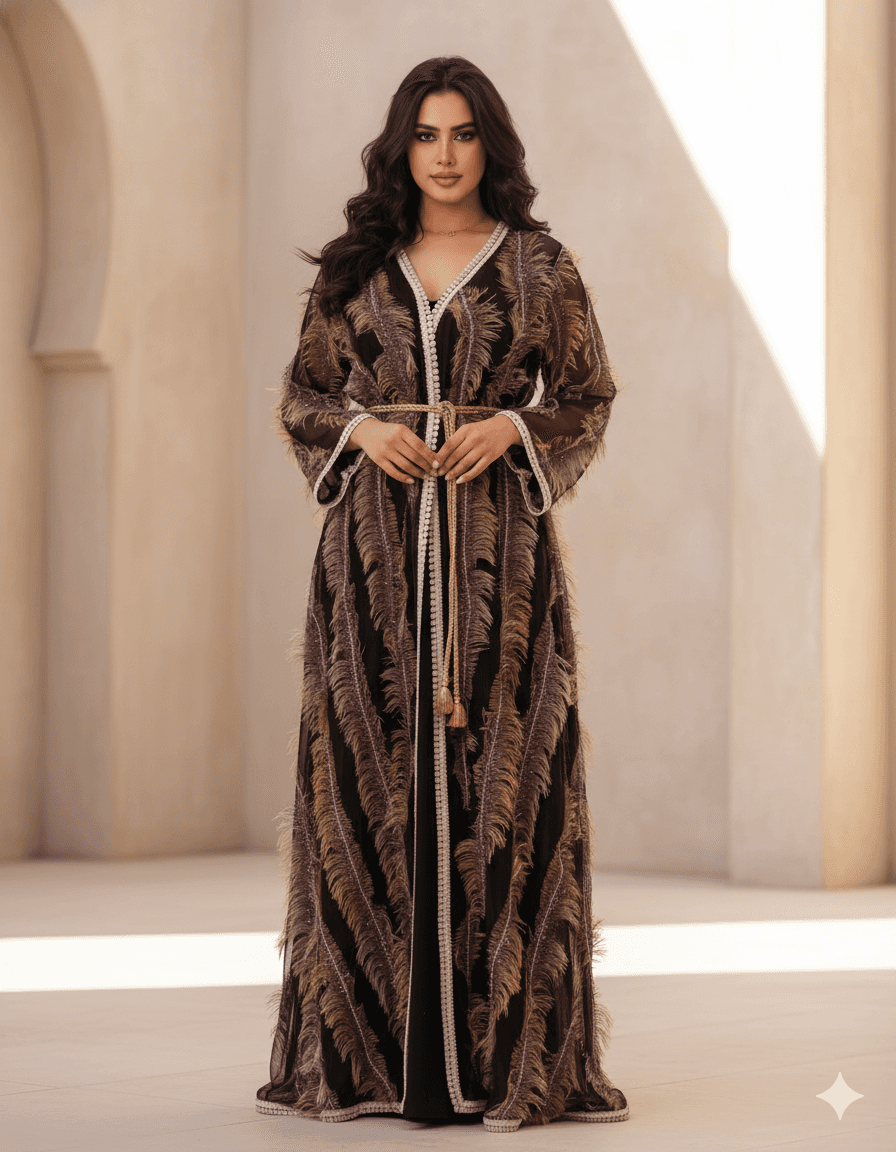 Deep burgundy Moroccan caftan with feather texture and embroidery, luxury handmade caftan Bahrain