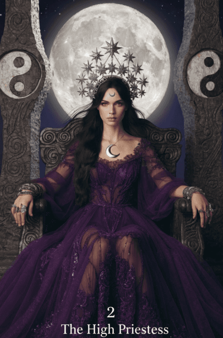Card 2 of the deck, the high priestess, tarot card featuring a brunette woman with a purple dress and the moon shining in the back, sitting while looking powerful and beautiful