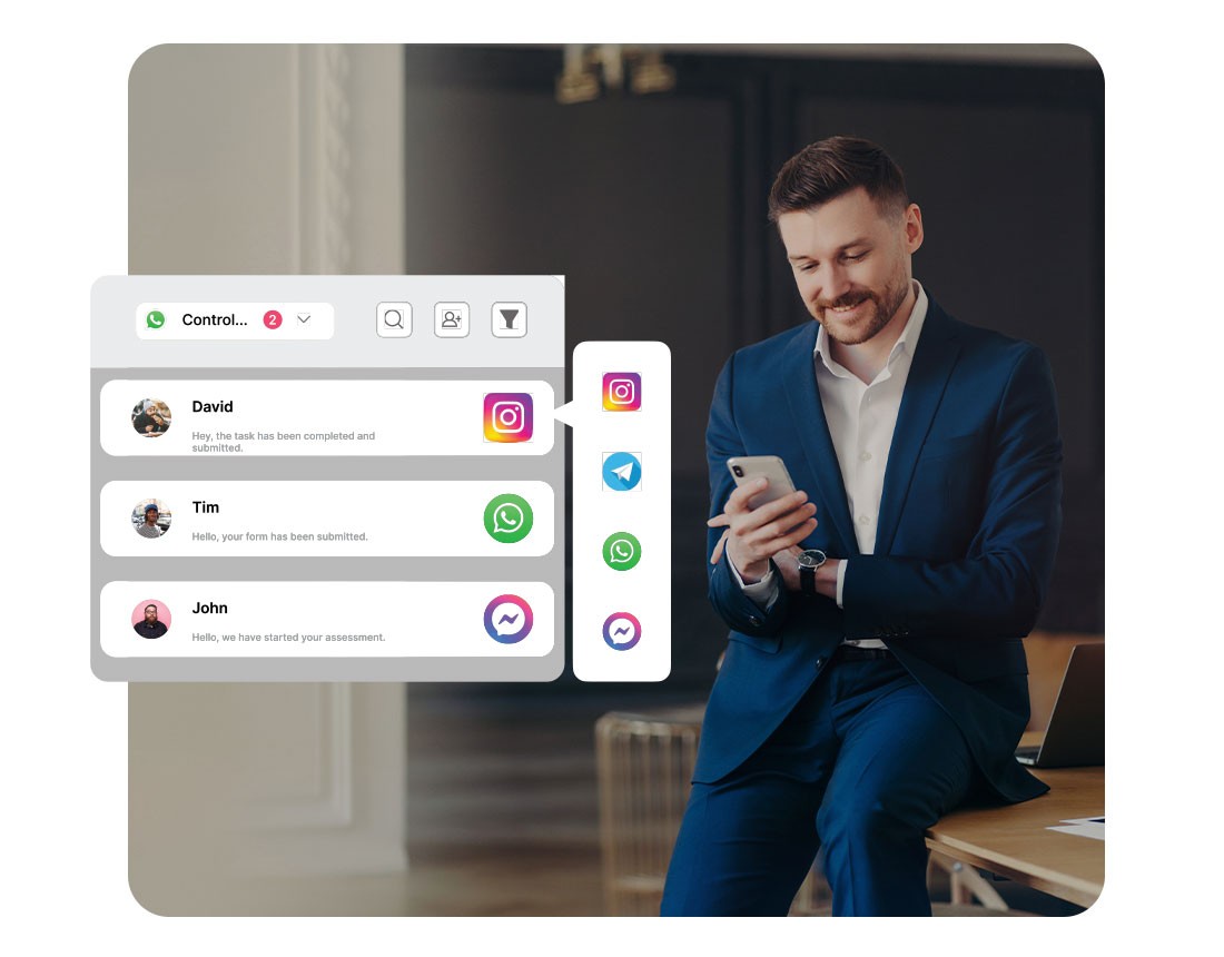 Businessman in blue suit checking smartphone with wapiio's messaging dashboard overlay showing notifications from three different contacts across multiple social platforms including Instagram, WhatsApp, and Messenge