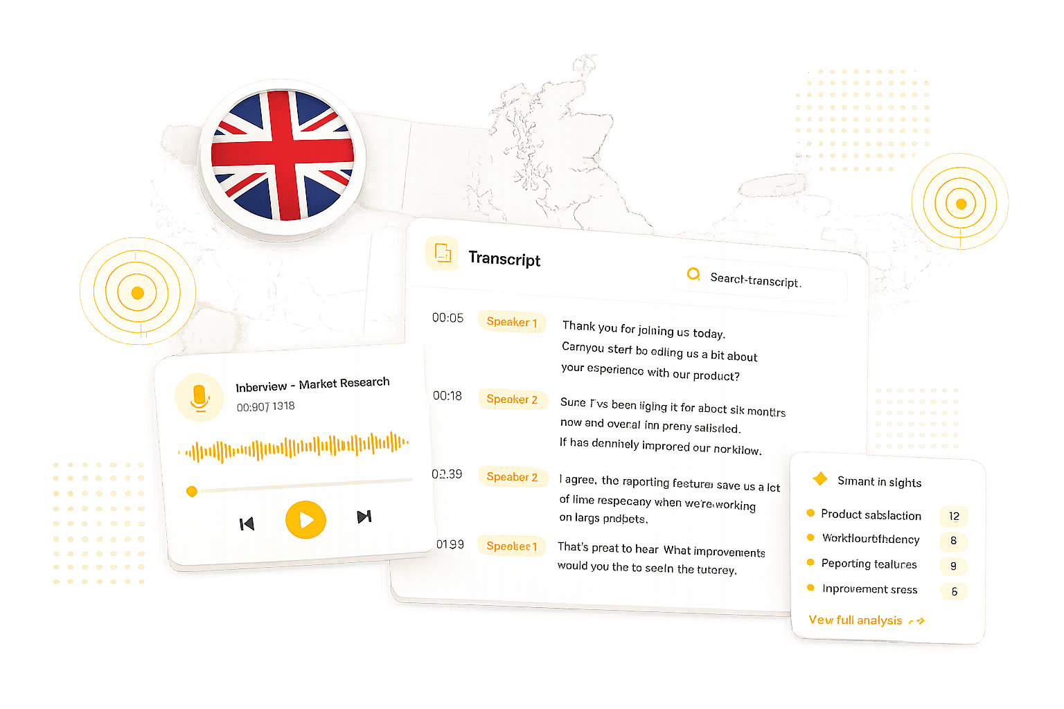 Transcription service for the United Kingdom with audio recordings, speaker identification, searchable transcripts, and AI-powered Smart Insights.