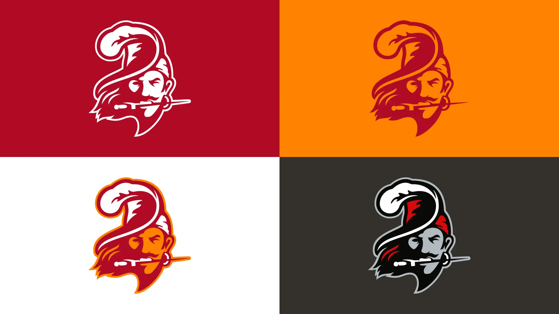 Four quadrants display a stylized pirate logo with a feathered hat and knife in mouth. Backgrounds are red, orange, white, and dark gray. Bold and adventurous tone.