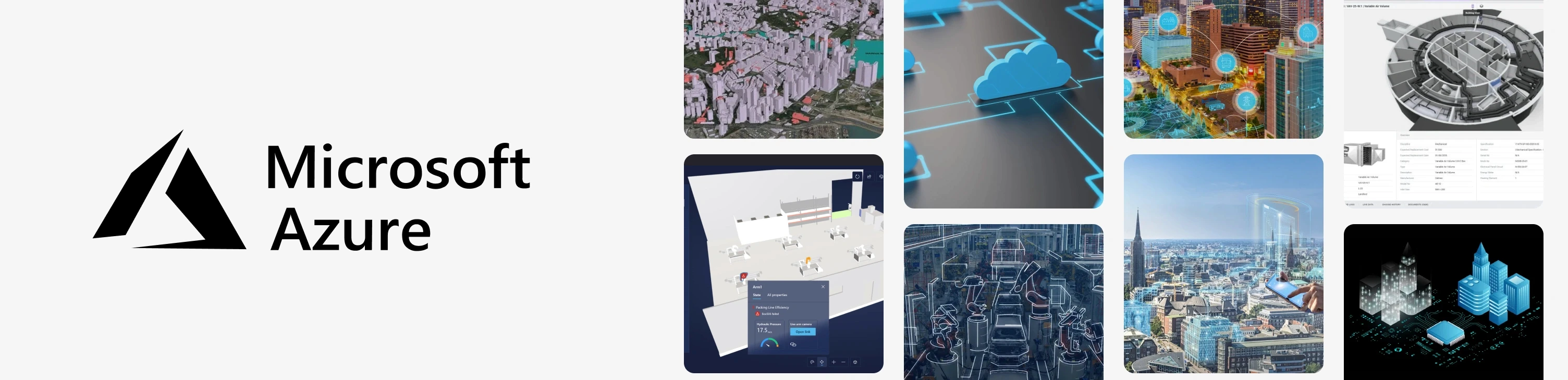 Microsoft Azure logo surrounded by a 3D city model, cloud network diagrams, telemetry dashboards and sensor data visualizations