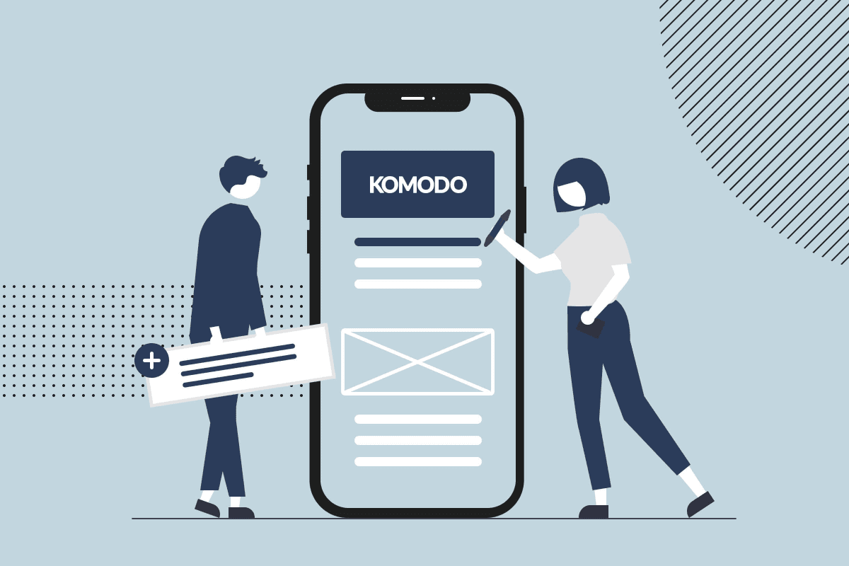 An illustration of two people interacting with a human sized mobile UI