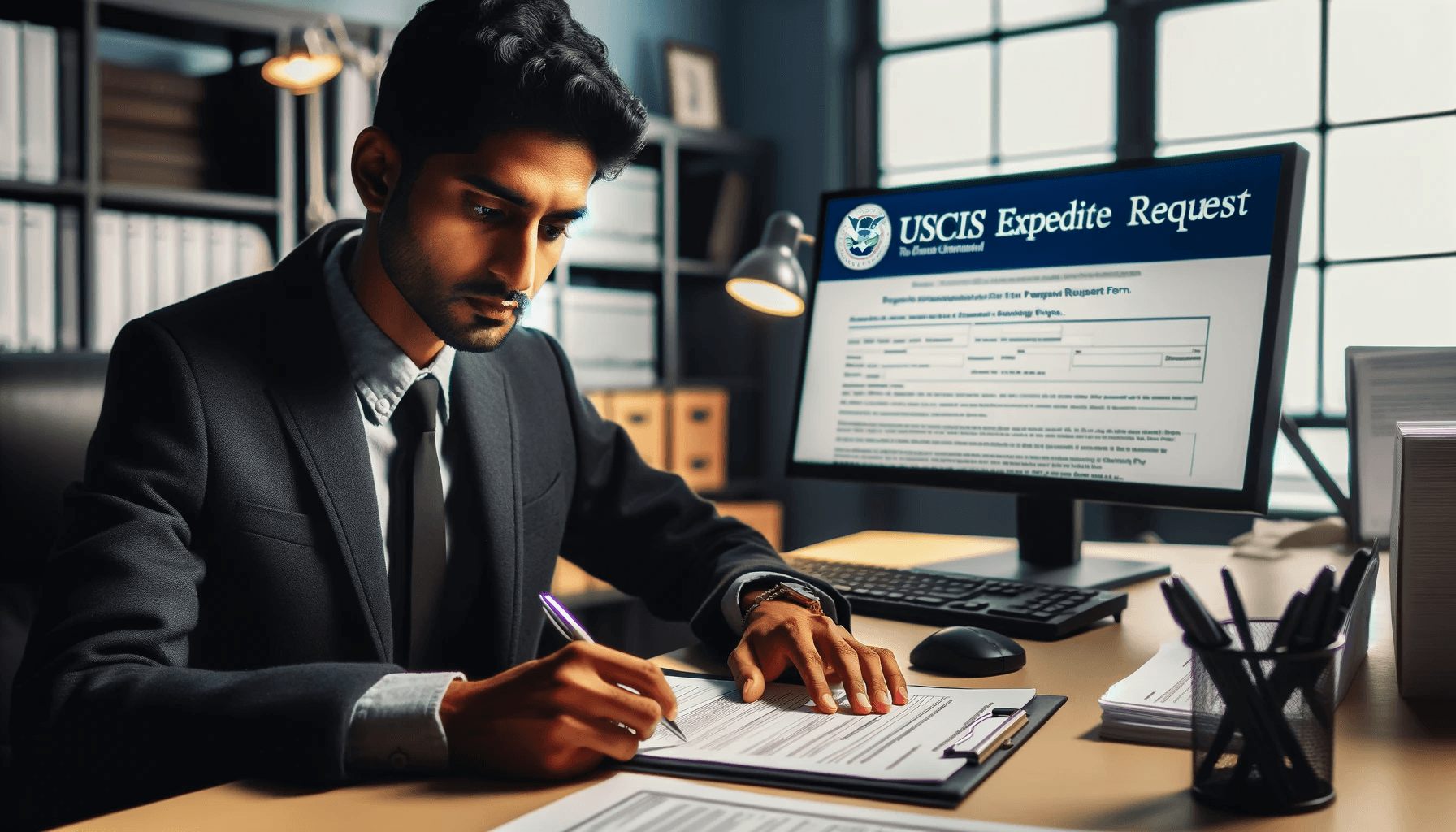 Focused individual reviewing a USCIS Expedite Request form at a desk, with USCIS website visible on the computer, illustrating thorough preparation for expedited processing.