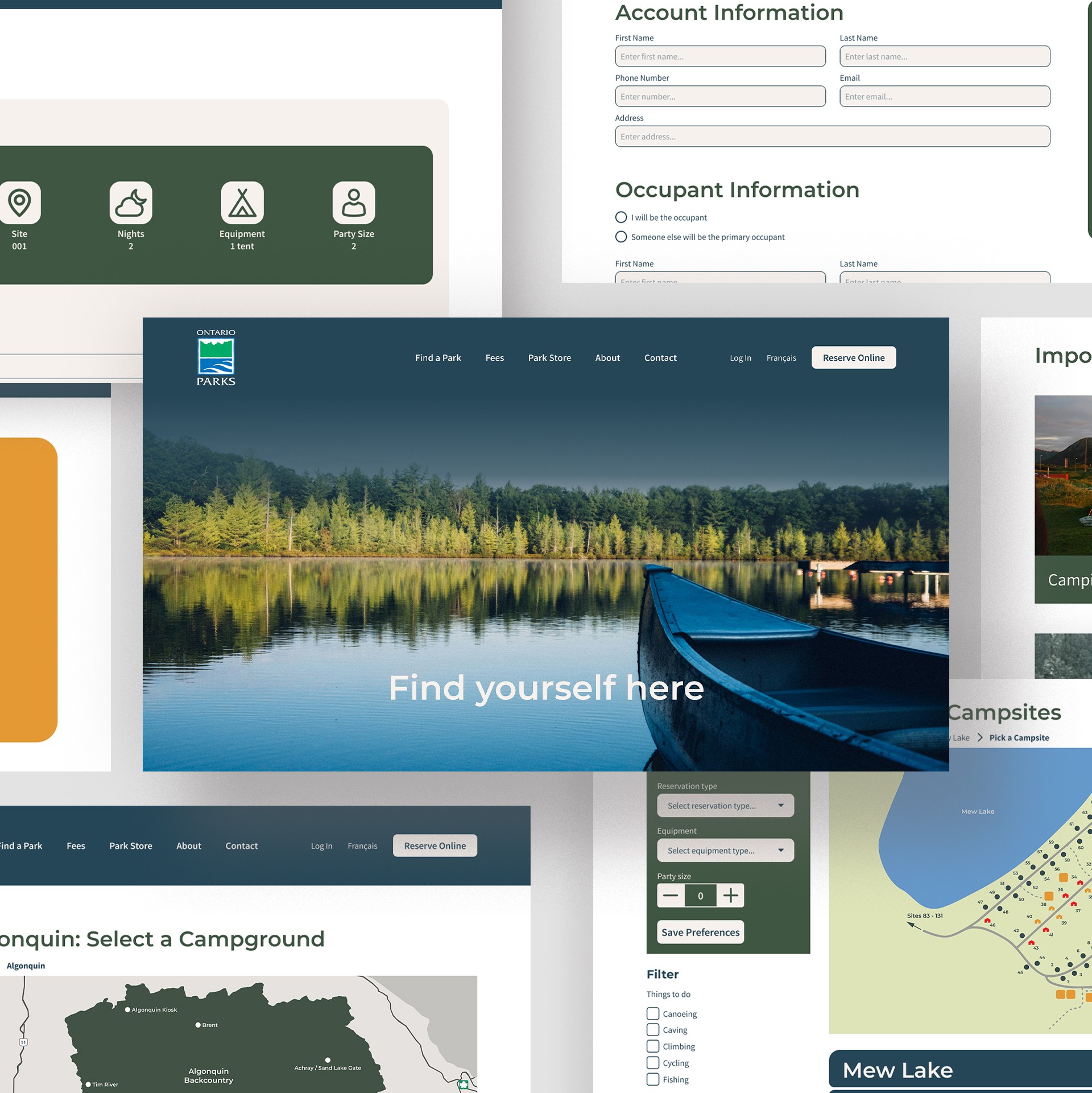 Gemini said A collage of UI mockups for an Ontario Parks website redesign featuring a serene hero image of a canoe on a lake, booking forms, a campsite map, and various amenity filter options in a clean, modern forest-green and beige aesthetic.