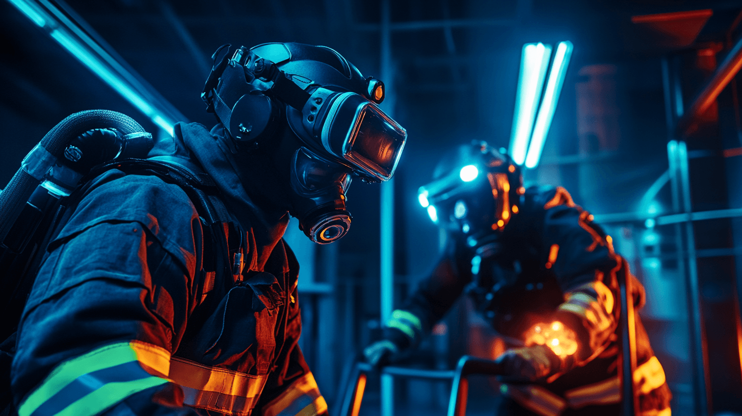 Emergency and industrial responders training in VR using The Oasis full-sensory system with simulated disaster scenarios.