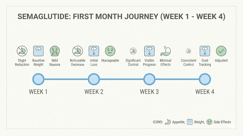 Semaglutide one month results week by week timeline infographic
