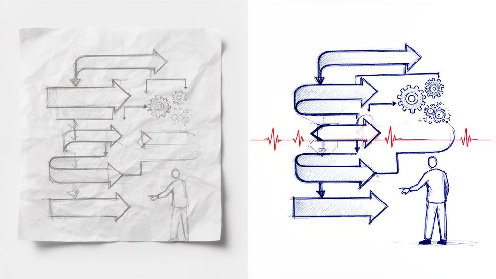 Two versions of a hand-drawn process flowchart with gears and a person pointing, from sketch to refined diagram.
