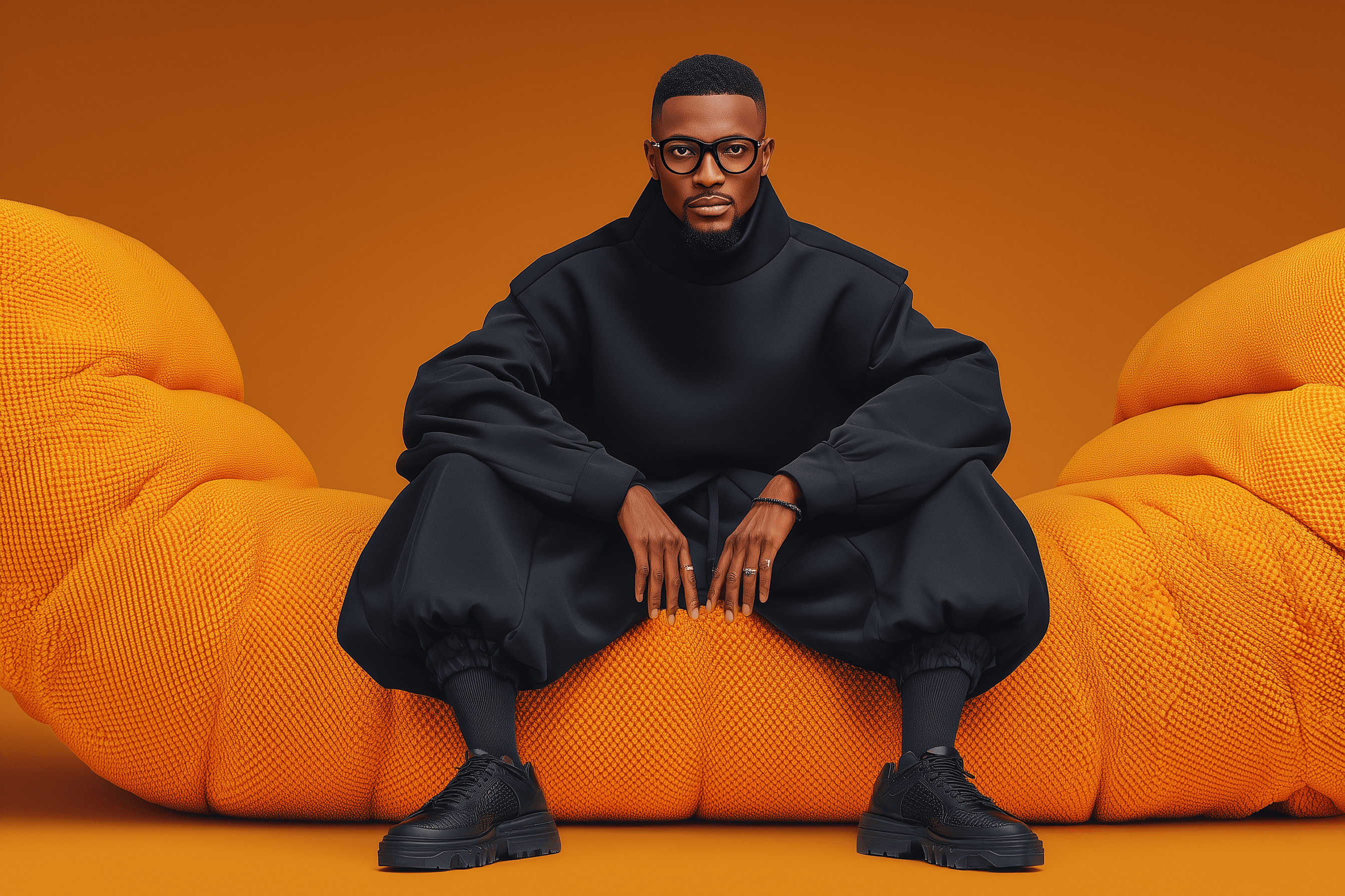 Modernes Portrait auf vibranter oranger Skulptur-Möbel zeigt zeitgenössisches Design